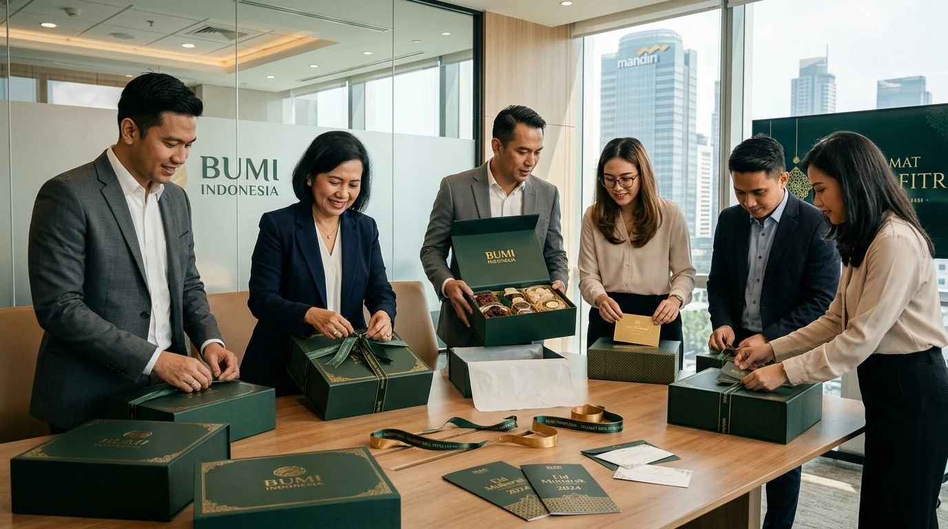 Tim Korporat Menyiapkan Hampers Lebaran Eksklusif dengan Branding Perusahaan