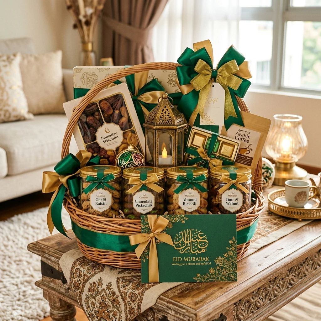 Hampers kue lebaran dalam basket rotan